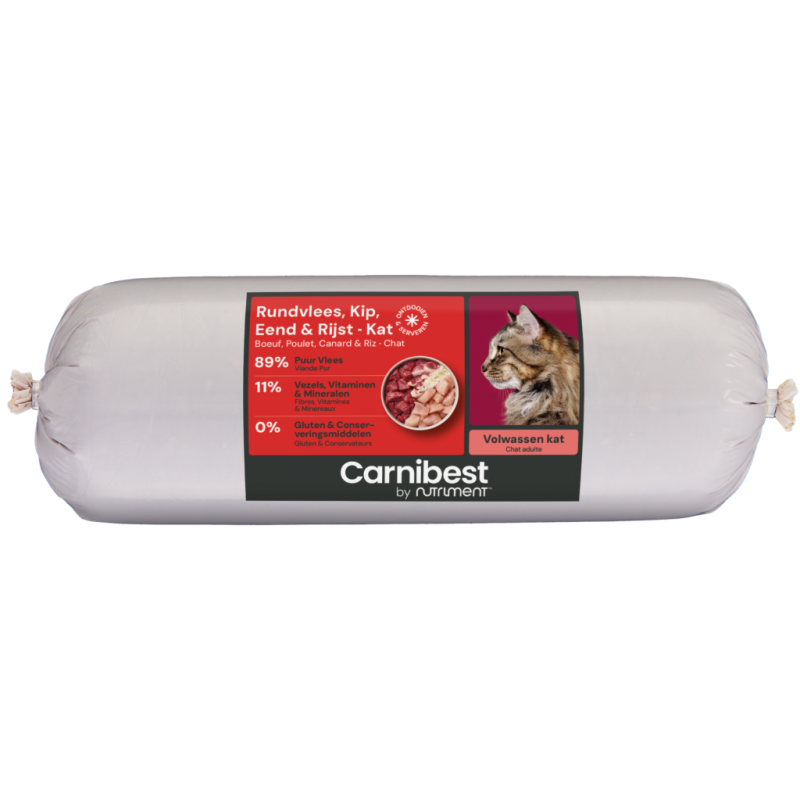 Carnibest Kat Rundvlees, Kip, Eend & Rijst – 500g Complete Diepvriesrol Carnibest Kat Rundvlees, Kip, Eend & Rijst – 500g Complete Diepvriesrol
