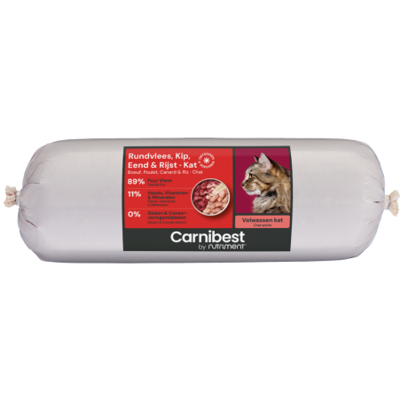 Carnibest Kat Rundvlees, Kip, Eend & Rijst – 500g Complete Diepvriesrol