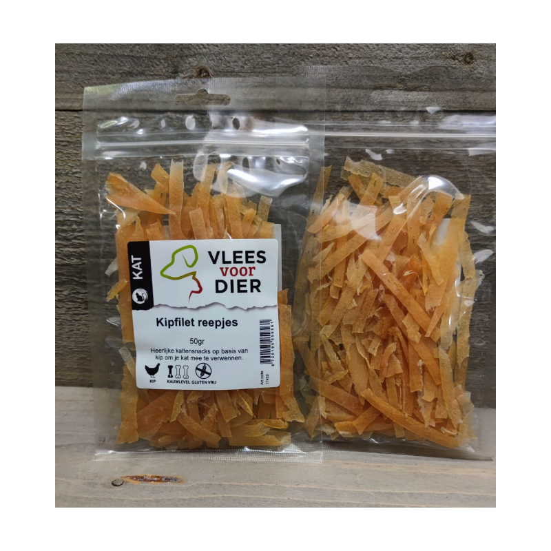Kipfilet reepjes 50g — natuurlijke kattensnack, hoog eiwit Kipfilet reepjes 50g — natuurlijke kattensnack, hoog eiwit